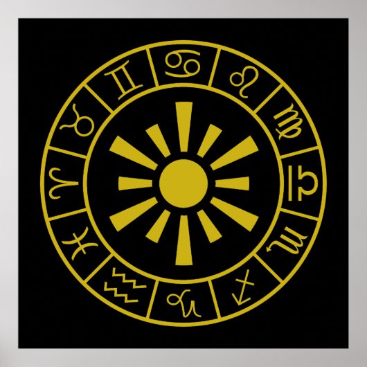 Astrologische Zodiakische Symbole Wheel+Sun Gold Poster (Vorne)