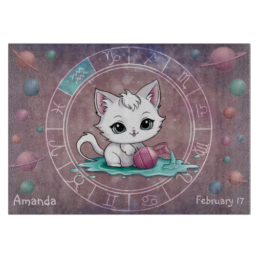 Astrologischer Aquarius Niedliche Katze Zodiac Whe Schneidebrett (Vorderseite)