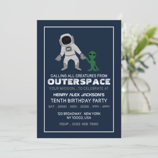 Astronaut & Alien, Geburtstag Einladung (Stehend Vorderseite)