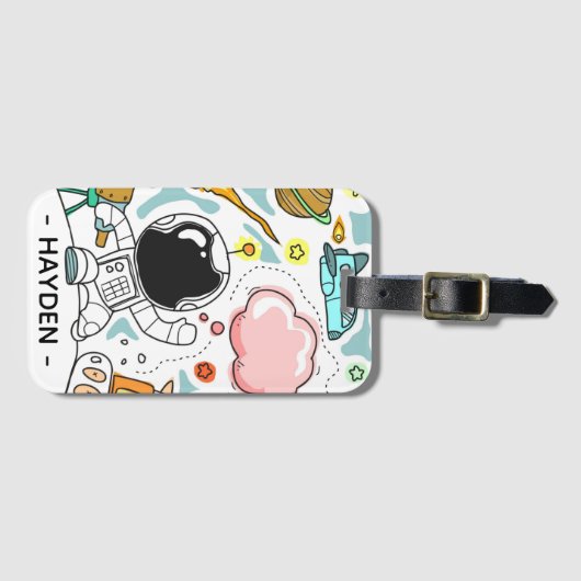 Astronaut and Space Doodles Personalised Gepäckanhänger (Vorderseite (Horizontal))