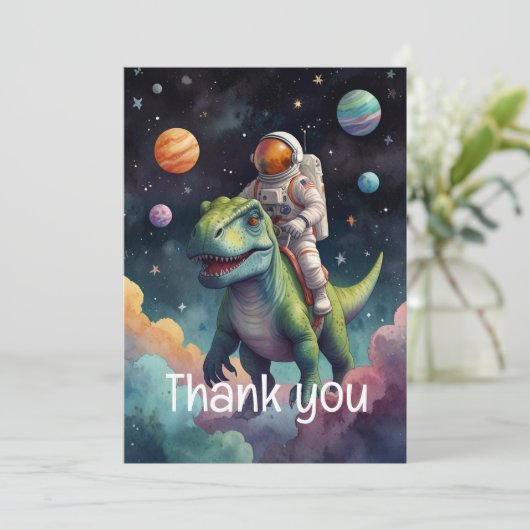 Astronaut auf dem Dino im Weltraum Dankeskarte (Stehend Vorderseite)