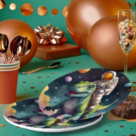 Astronaut auf dem Dino im Weltraum Pappteller