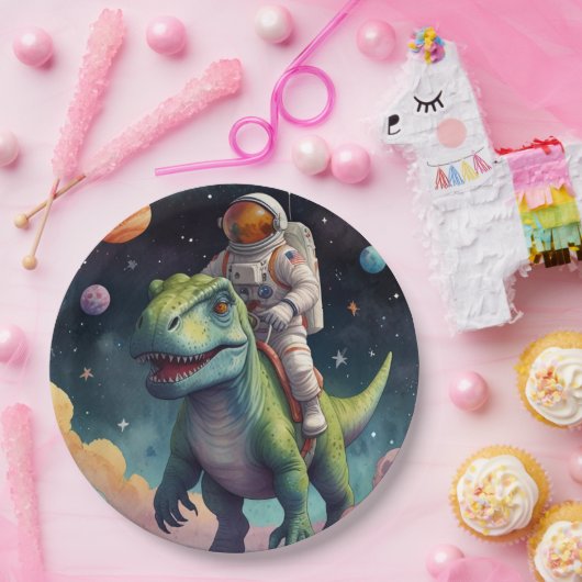 Astronaut auf dem Dino im Weltraum Pappteller (Party)