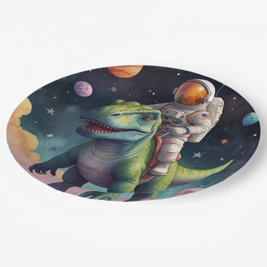 Astronaut auf dem Dino im Weltraum Pappteller (Schrägansicht)