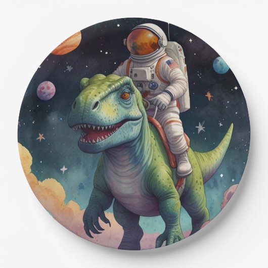 Astronaut auf dem Dino im Weltraum Pappteller (Vorderseite)