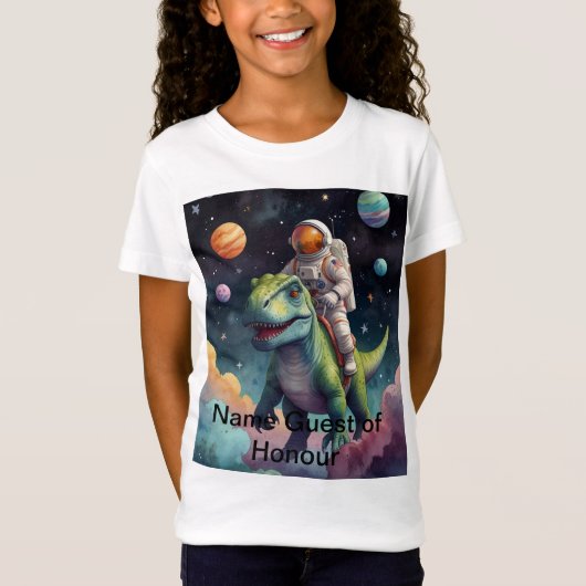 Astronaut auf dem Dino im Weltraum T-Shirt (Vorderseite)