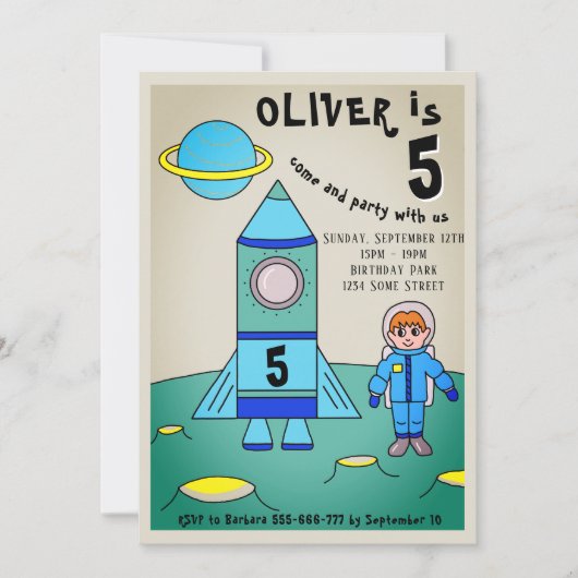 Astronaut auf dem Kindergeburtstag des Moon Rocket Einladung (Vorderseite)