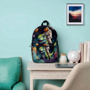 Astronaut auf Dino im Weltraum Bedruckter Rucksack