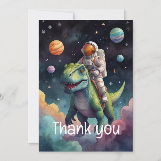 Astronaut auf Dino im Weltraum Dankeskarte (Vorderseite)