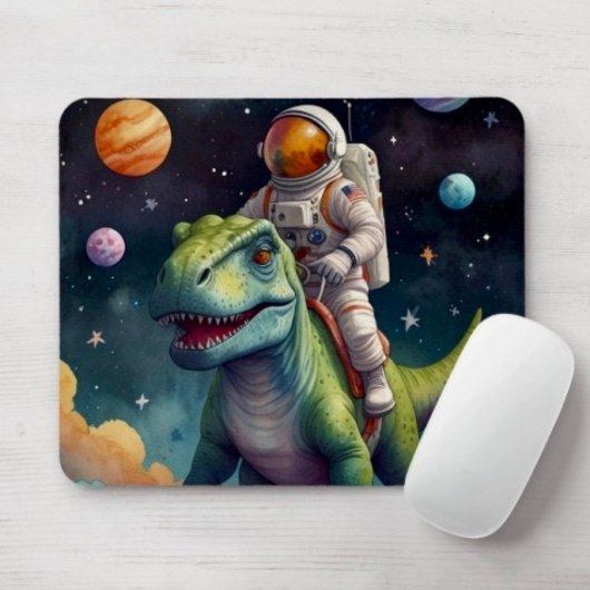 Astronaut auf Dino im Weltraum Mousepad