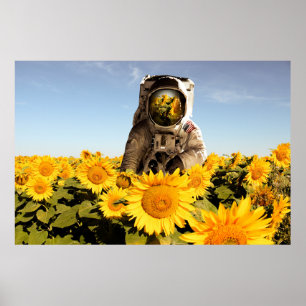 Astronaut auf einem Sonnenblumenfeld Poster