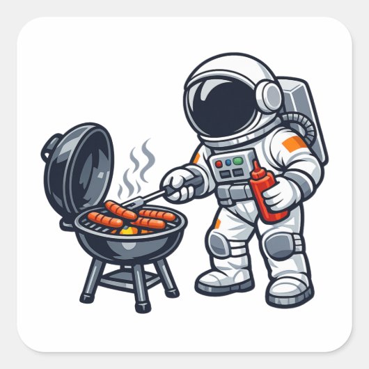 Astronaut beim Grillen Quadratischer Aufkleber (Vorderseite)