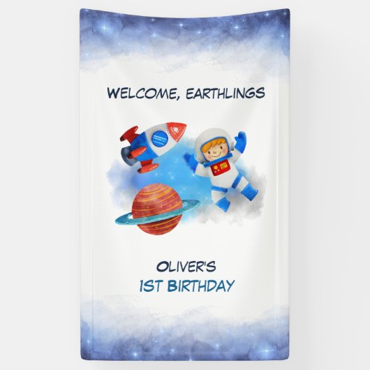 Astronaut Boy Baby First Geburtstag Banner (Vertikal)
