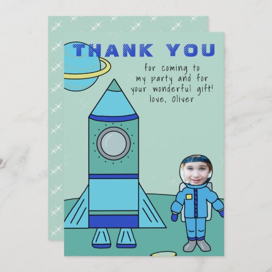 Astronaut Boy Moon Setzen Sie Ihre Gesichtskarte e Dankeskarte (Vorne/Hinten)