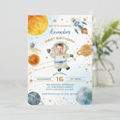 Astronaut Boy Space 1st Birthday Photo Einladung (Stehend Vorderseite)