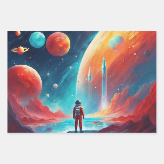 Astronaut Boys Birthday Rocket Outer Space 3 Geschenkpapier Set (Vorderseite)