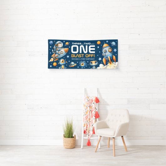 Astronaut Cat Outer Space Blast Off 1st Birthday Banner (Insitu)