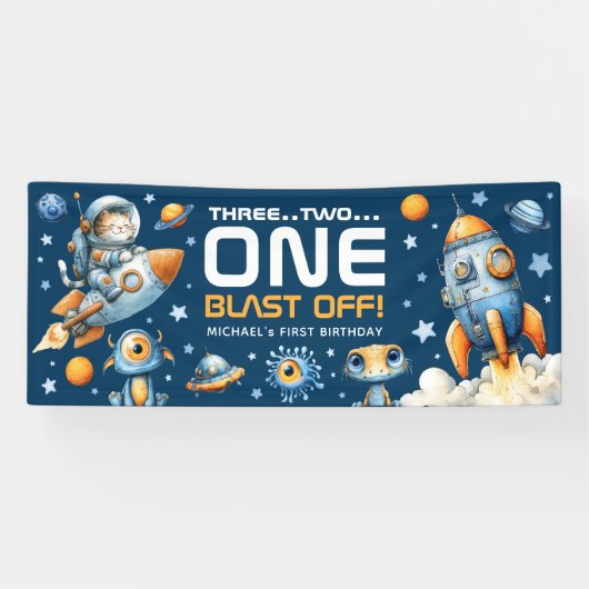 Astronaut Cat Outer Space Blast Off 1st Birthday Banner (Horizontal)