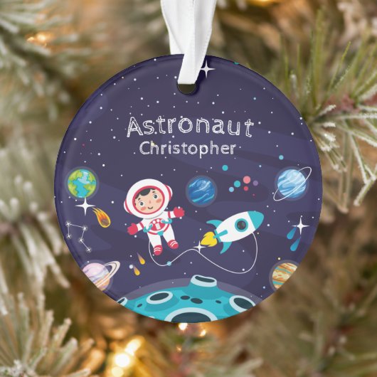 Astronaut child on the moon, monogrammed name ornament (Baum)