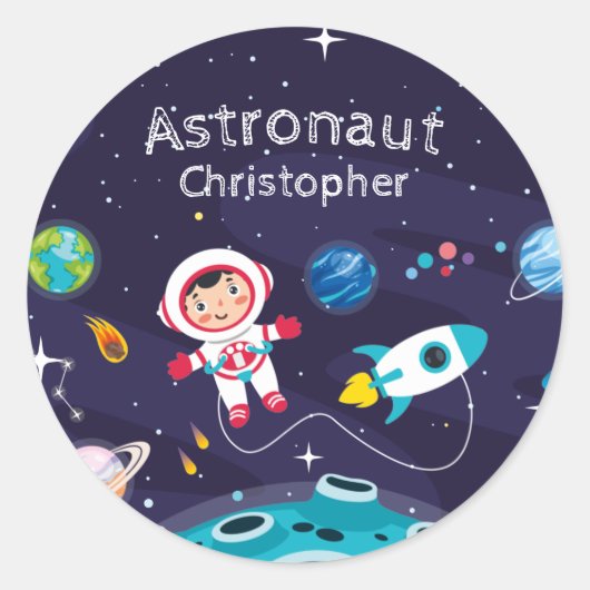 Astronaut child on the moon, monogrammed name  runder aufkleber (Vorderseite)