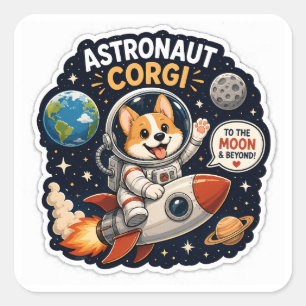 Astronaut Corgi – Zum Mond & Darüber Hinaus! Quadratischer Aufkleber