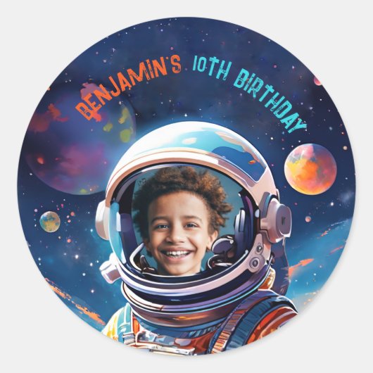 Astronaut Deep Space Sky Planets Photo Birthday Runder Aufkleber (Vorderseite)