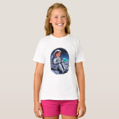 Astronaut, der auf dem Mond sitzt und auf einem Te T-Shirt (Vorne ganz)