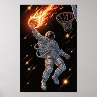 Astronaut, der einen feurigen Basketball in einem Poster