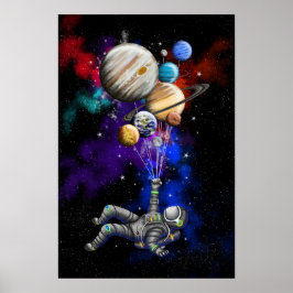 Astronaut, der im Weltraum mit Ballons schwimmt Poster