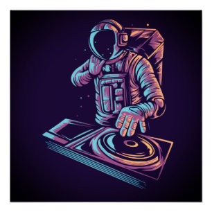 Astronaut DJ Disk Jockey Playing Music im Weltraum Poster