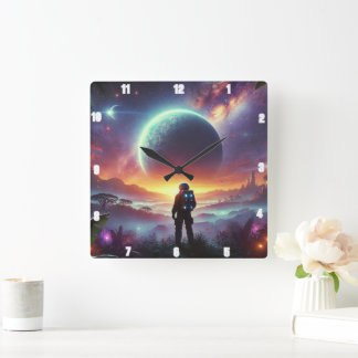 Astronaut erforscht eine lebendige Alien kosmische Quadratische Wanduhr
