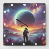 Astronaut erforscht eine lebendige Alien kosmische Quadratische Wanduhr (Vorderseite)