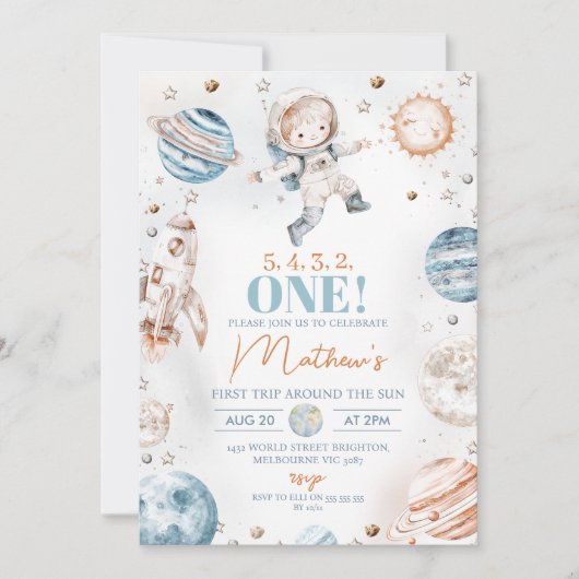 Astronaut Foto Erster Ausflug rund um die Sonne Ge Einladung (Vorderseite)