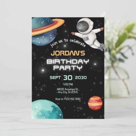 Astronaut-Geburtstag des Schwarzen Planeten Einladung (Stehend Vorderseite)