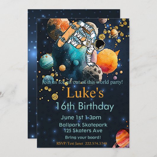 Astronaut Geburtstag, Skateboard Geburtstag, Weltr Einladung (Vorne/Hinten)
