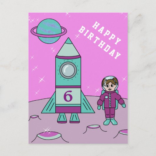 Astronaut Girl on Moon Space Happy Birthday Postkarte (Vorderseite)