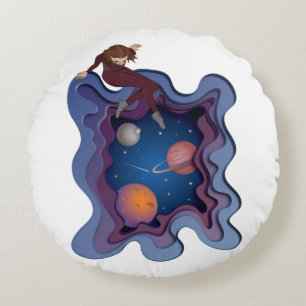 Astronaut Girl Space Gazing Rundes Kissen