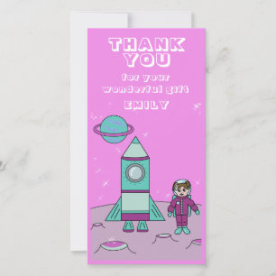 Astronaut Girl Space Rocket Pink Geburtstag Dankeskarte