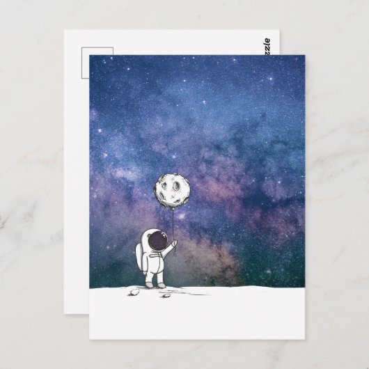 Astronaut im All mit Mondballon Kosmostars Postkarte (Vorne/Hinten)