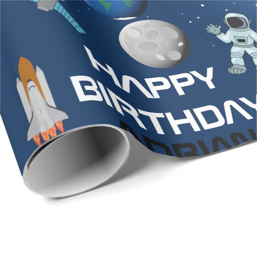 Astronaut im Weltraum Galaxy Thema Geburtsname Geschenkpapier (Rolleneckpunkt)