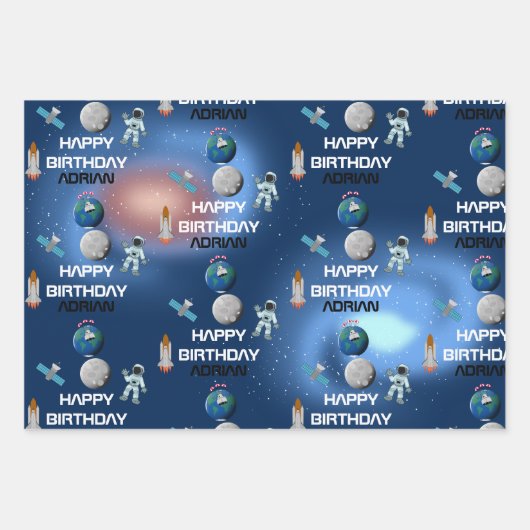 Astronaut im Weltraum Galaxy Thema Geburtsname Geschenkpapier Set (Vorderseite)