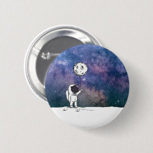Astronaut im Weltraum mit Mondballon Kosmos Sterne Button