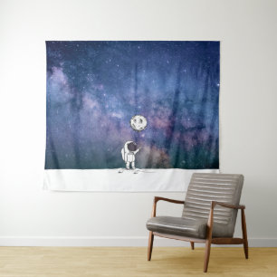 Astronaut im Weltraum mit Mondballon Kosmos Sterne Wandteppich