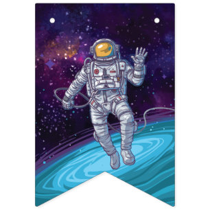 Astronaut im Weltraum mit Sternen & Galaxy. Wimpelkette