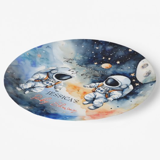 Astronaut im Weltraum mit zwei Babyduschen Pappteller (Schrägansicht)