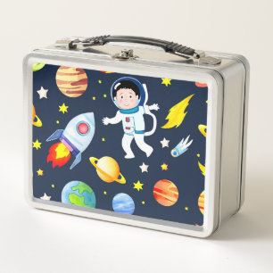 Astronaut im Weltraum Planeten und Raketen Muster Metall Brotdose