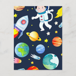 Astronaut im Weltraum Planeten und Raketen Muster Postkarte