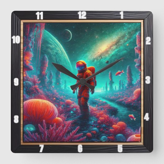 Astronaut in Alien Fantasy Quadratische Wanduhr (Vorderseite)