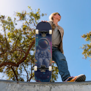 Astronaut in farbenfroher Weltraumszene Skateboard