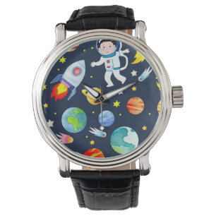 Astronaut in Raumplanern und Raketenmustern Armbanduhr